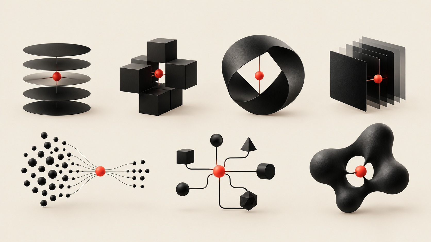 Seven black sculptural forms on ivory, each holding a single vermilion point