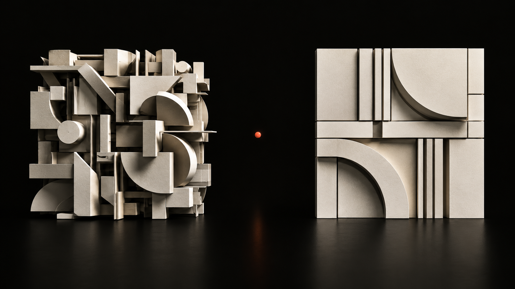 A chaotic assembly of ivory blocks beside the same material organised into a precise, ordered panel, divided by a single vermilion point
